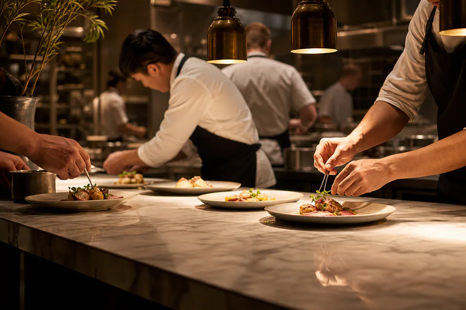 The kitchen pass at service