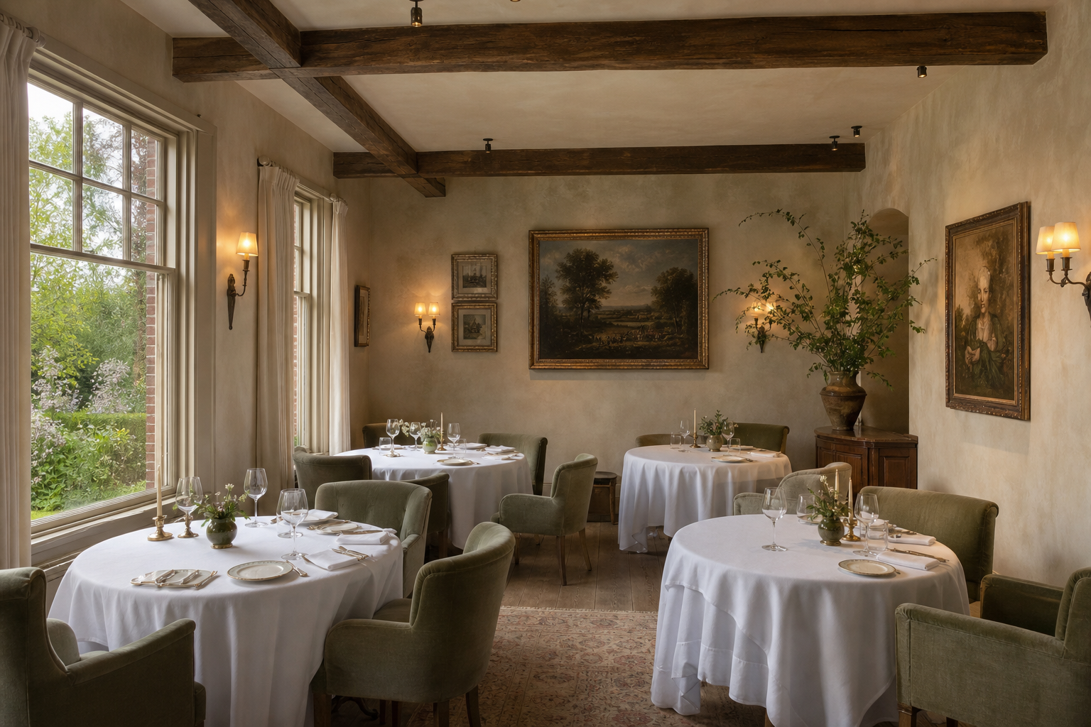A softly lit dining room