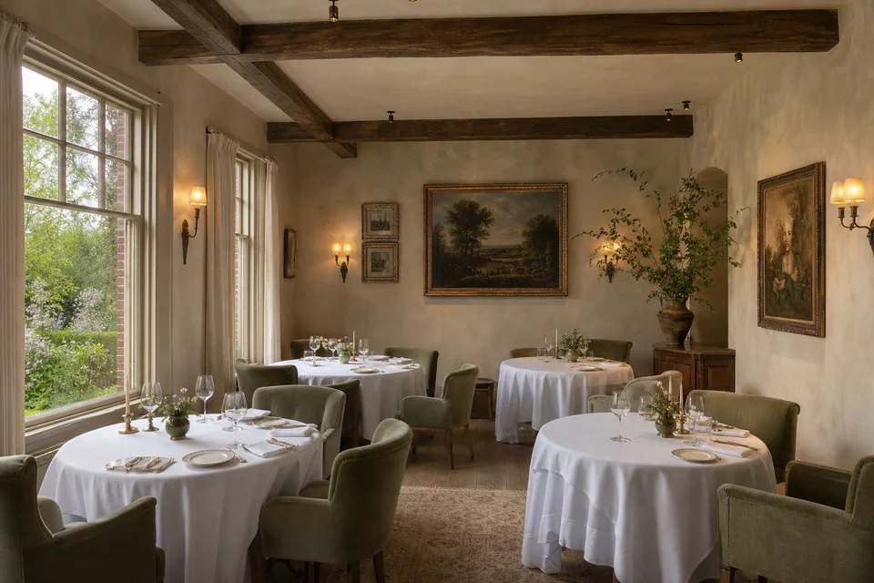 A softly lit dining room